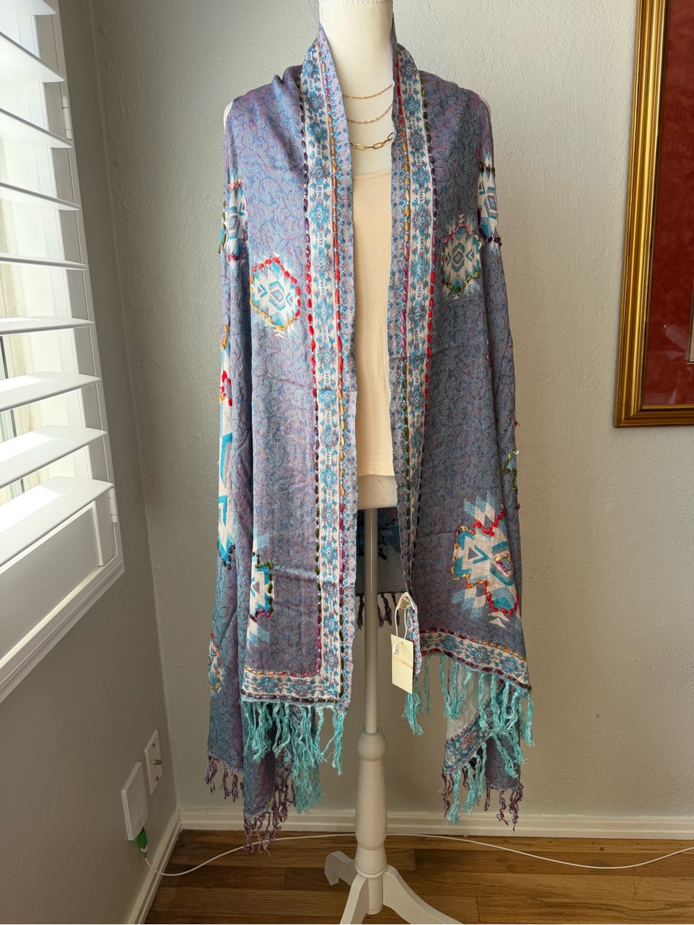 54- NWT Raj Multicolor Blue Boho Vest with Embroidery Kantha Style OS